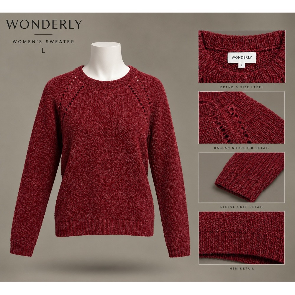 Wonderly M20 Women's Burgundy Red Raglan Pointelle Knit Crew Neck Sweater Large